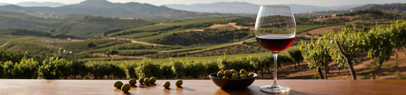 Weinglas mit Sherry auf einem Holztisch mit spanischen Weinbergen im Hintergrund