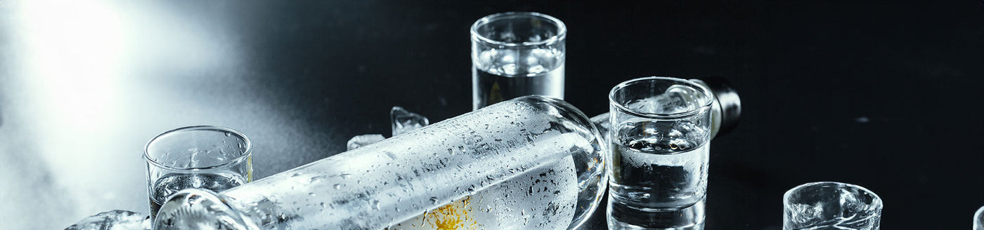 Vodka in Shotgläsern neben einer liegenden Vodkaflasche
