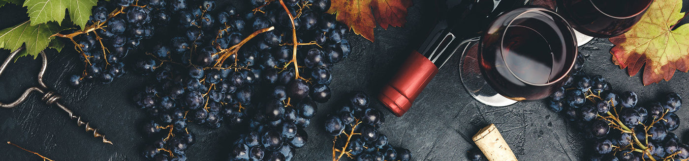 Rotwein in Gläsern, Weintrauben, Korkenzieher und Korken auf einem dunklen Tisch mit Herbstlaub.