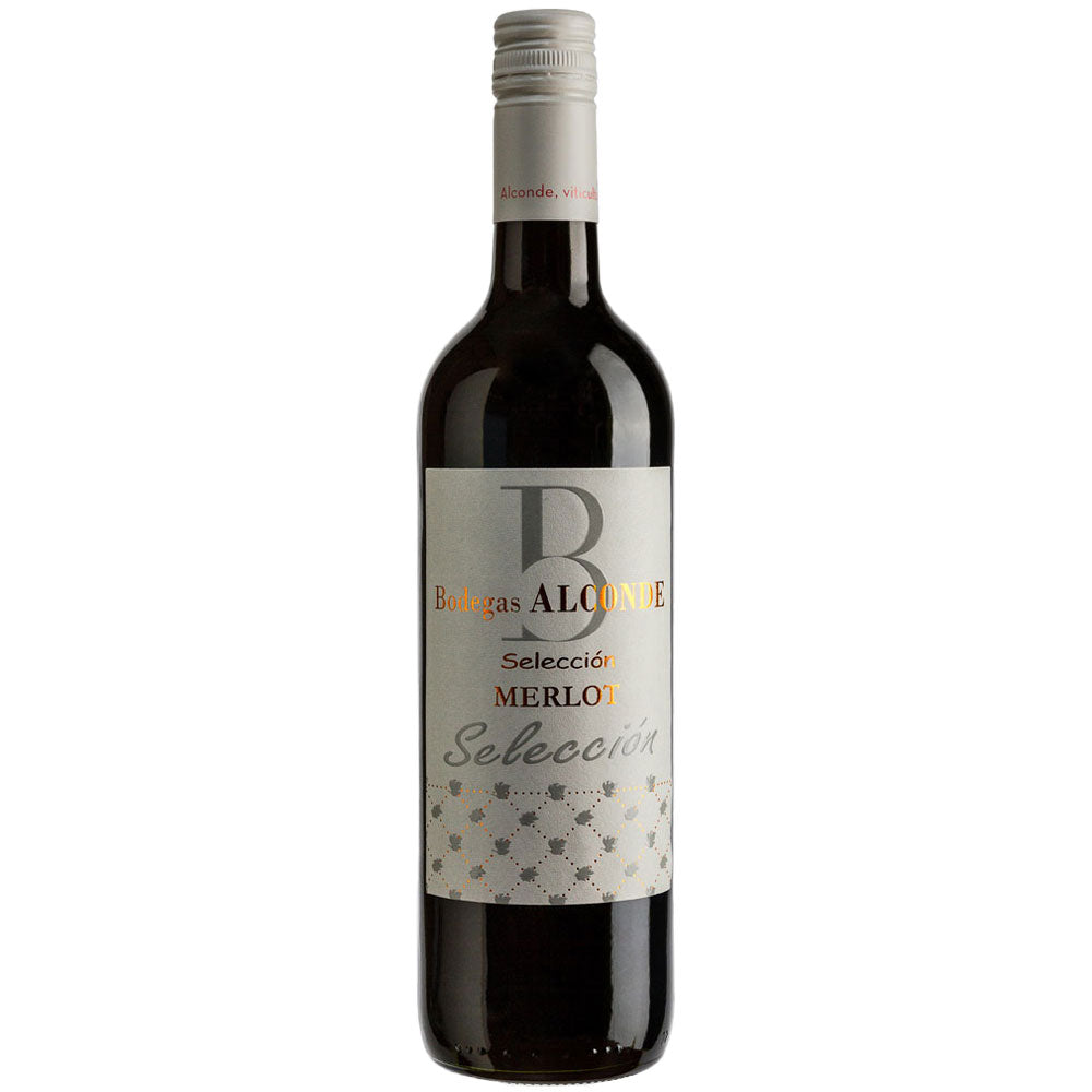 Eine Flasche Bodegas Alconde Seleccion Merlot Vino Tinto de Navarra 2020 von Bodegas Alconde, mit silbernem Etikett und Schraubverschluss.