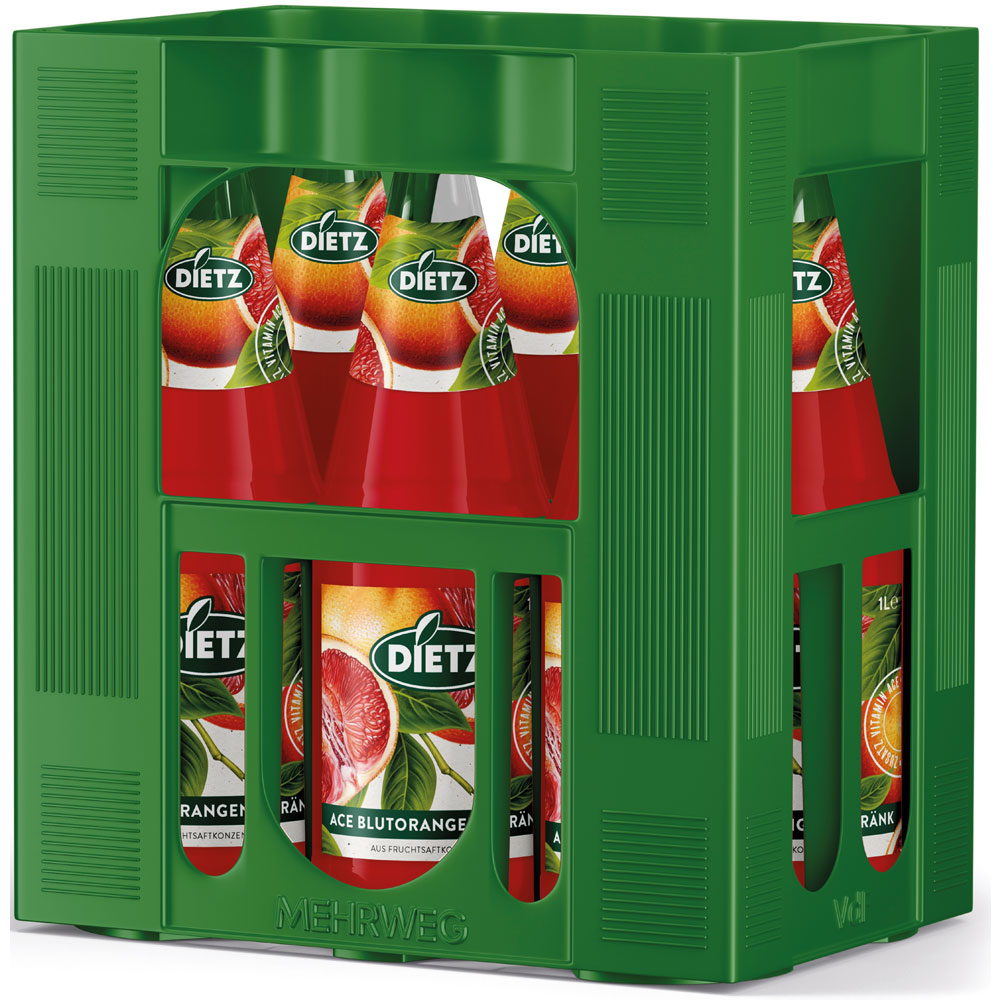 Grüner Kasten mit sechs 1-Liter-Flaschen Dietz ACE Blutorangengetränk (Mehrweg) mit Blutorangenetiketten, die den erfrischenden, vitaminreichen Blutorangengeschmack hervorheben.