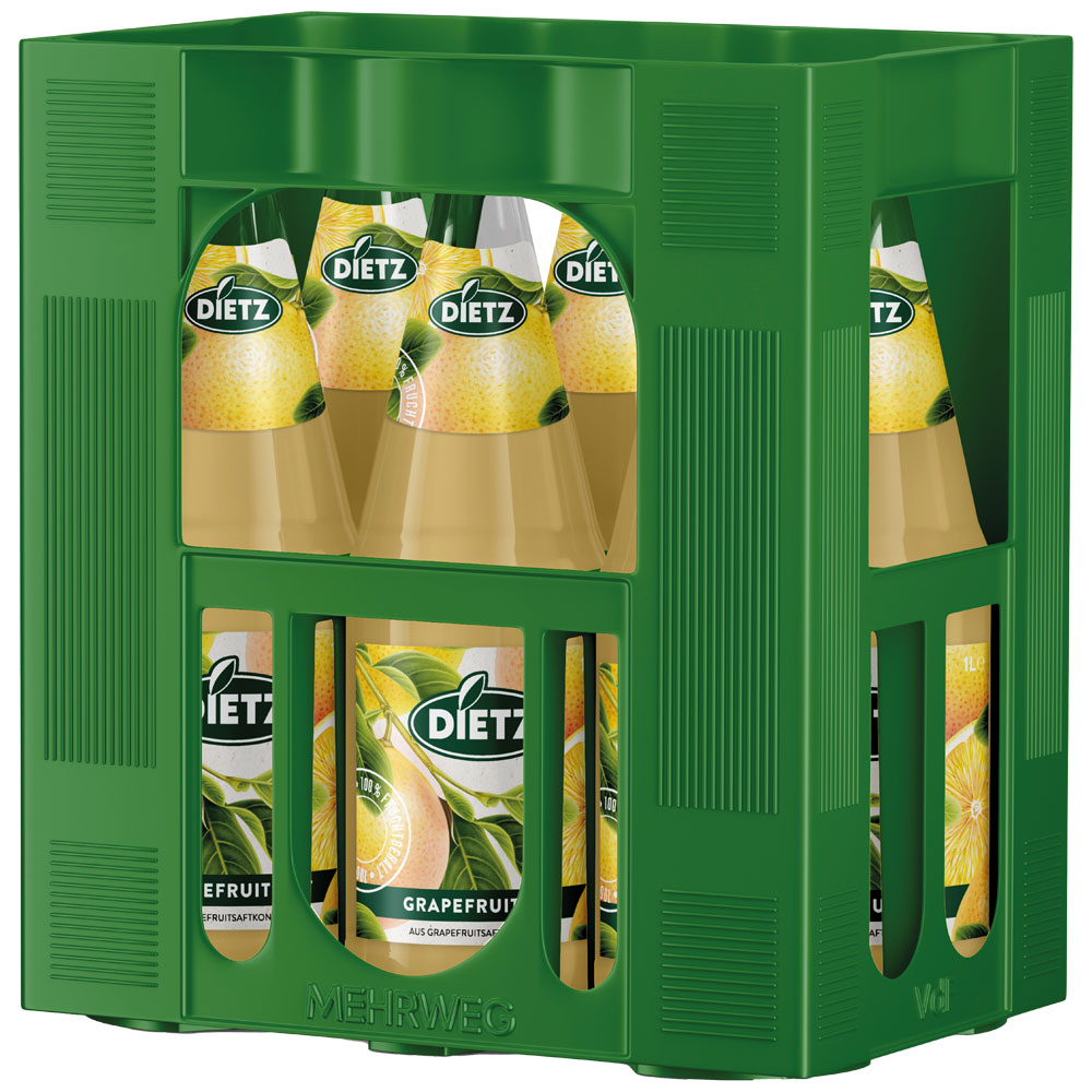 Grüne Kiste mit sechs 1-Liter-Flaschen Dietz Grapefruitsaft (MEHRWEG) mit gelben Fruchtetiketten, die durch die Schlitze sichtbar sind.