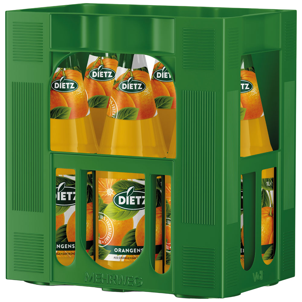 Eine grüne Kiste mit sechs 1-Liter-Flaschen Dietz Orangensaft (MEHRWEG) mit orangefarbenen Fruchtetiketten - genießen Sie den erfrischenden Geschmack aus Baden-Württemberg.