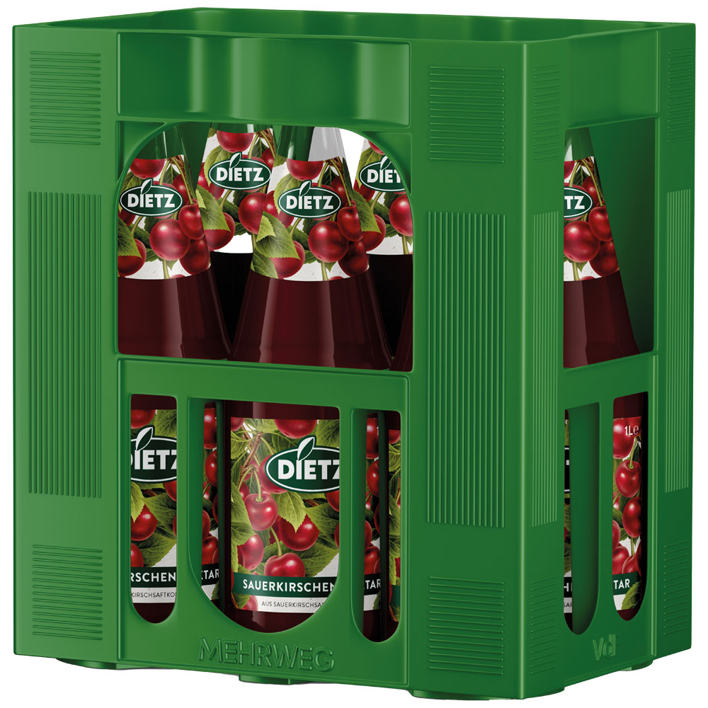 Grüne Kiste mit 6 Flaschen Dietz Sauerkirsch-Nektar (je 1L, MEHRWEG). Der Sauerkirsch-Nektar ist glutenfrei und mit Kirschen auf den Etiketten versehen - ideal für alle, die eine glutenfreie Alternative suchen.