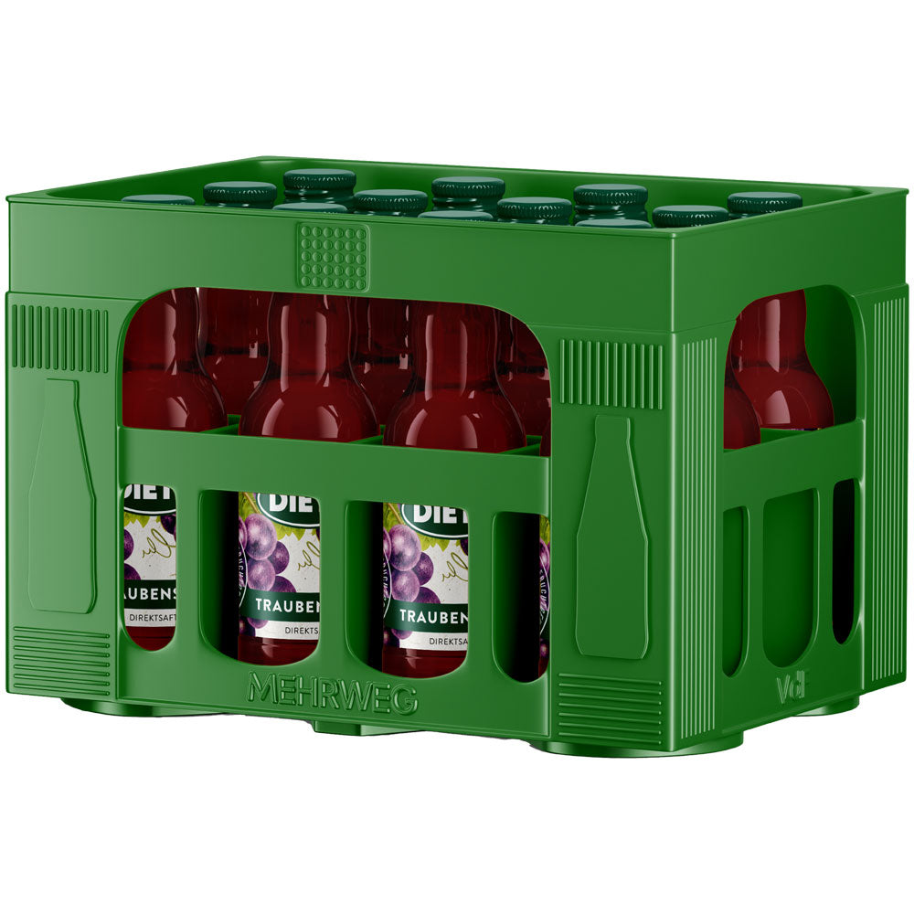 Grüner Kunststoffkasten mit 12 Flaschen Dietz Traubensaft Rot 0,2L (Mehrweg), jeweils gefüllt mit 100% Traubensaft und mit lila Etiketten und grünen Verschlüssen.