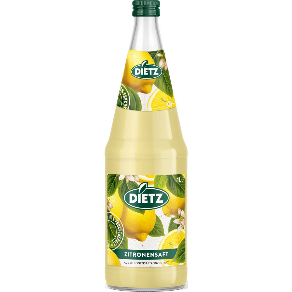 Dietz Zitronensaft 6x 1 Liter (MEHRWEG) zeichnet sich durch frische Zitronen auf dem Etikett aus und bietet reinen, erfrischenden Zitronensaft in 100% Fruchtsaftqualität der Marke Dietz.