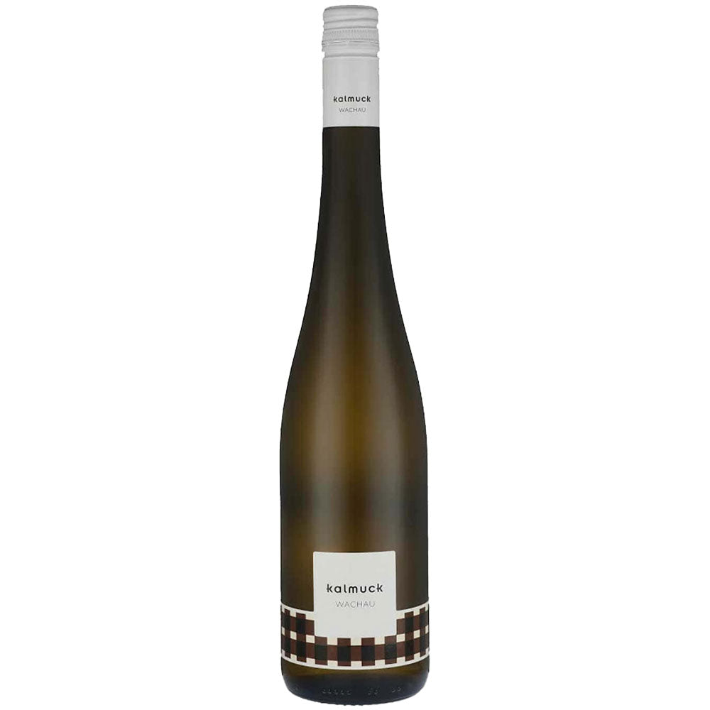 Hohe, schlanke Weinflasche mit der Aufschrift Fj Gritsch Grüner Veltliner Kalmuck Wachau DAC 2025 der Marke FJ Gritsch mit geometrischem Muster am Boden.