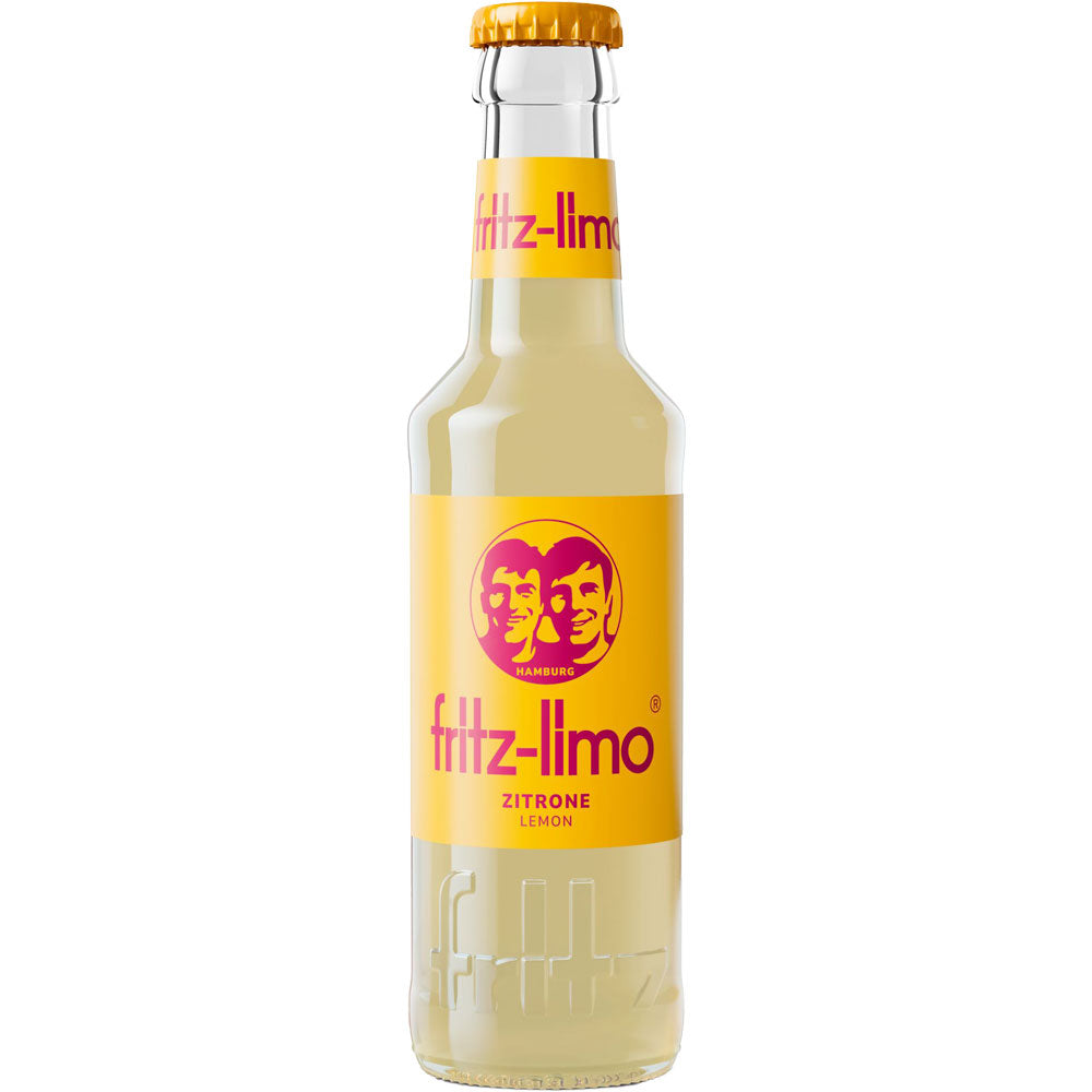 Genießen Sie den erfrischenden Zitronengeschmack der fritz-kola Fritz Limo Zitronen Limonade, erhältlich in einer 24x 0,20L (MEHRWEG) Klarglasflasche mit gelbem Etikett und Deckel mit dem kultigen Zwei-Gesichter-Logo.