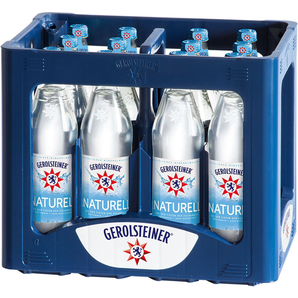Eine blaue Kiste enthält zwölf Flaschen Gerolsteiner Naturell 0,75 l (Mehrweg) mit blau-weißem Etikett und niedrigem Natriumgehalt.