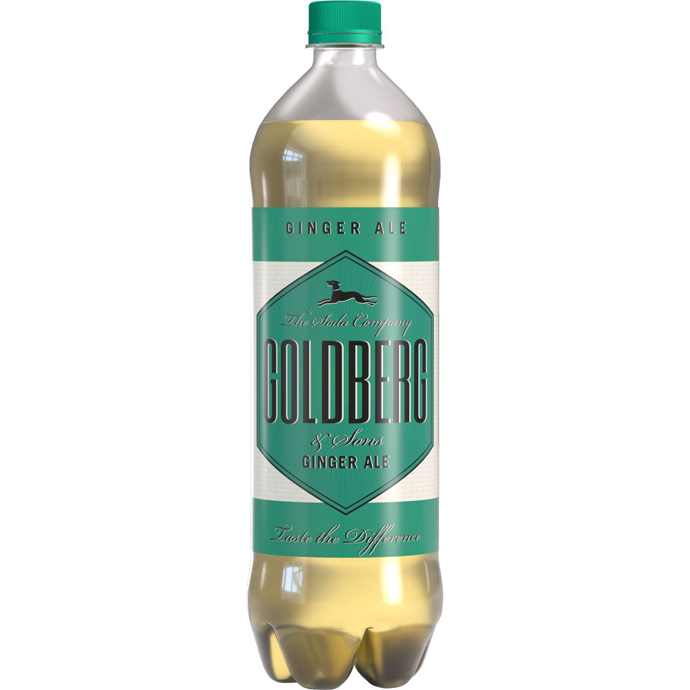 GOLDBERG & SONS Goldberg Ginger Ale 12x 1 Liter PET (EINWEG) zeichnet sich durch ein grünes Etikett, eine klare Flüssigkeit und ein raffiniertes Ingwer-Aroma aus - ideal als Premium-Mixer für anspruchsvolle Getränke.