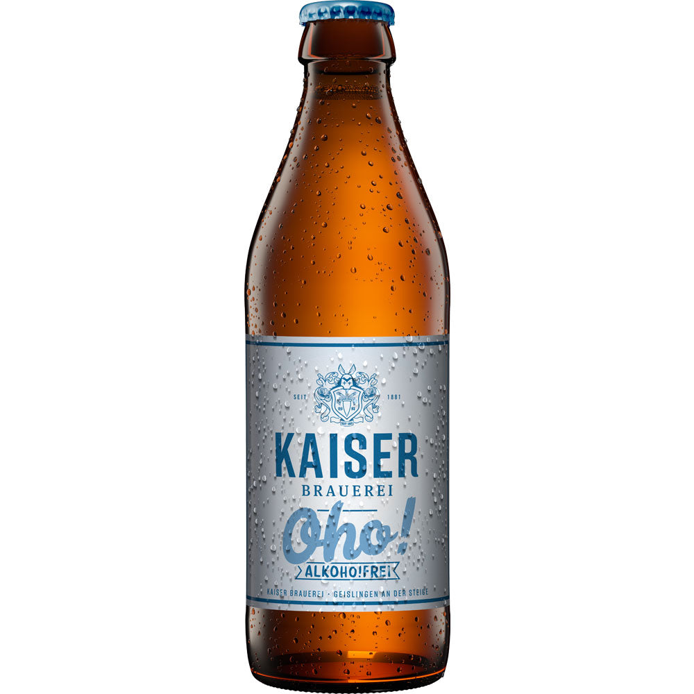 Kaiser Oho Alkoholfrei 20x0,33L (MEHRWEG) von Kaiser Brauerei ist ein alkoholfreies Bier in einer Braunglasflasche mit blau-silbernem Etikett, gebraut aus regionalen Rohstoffen.