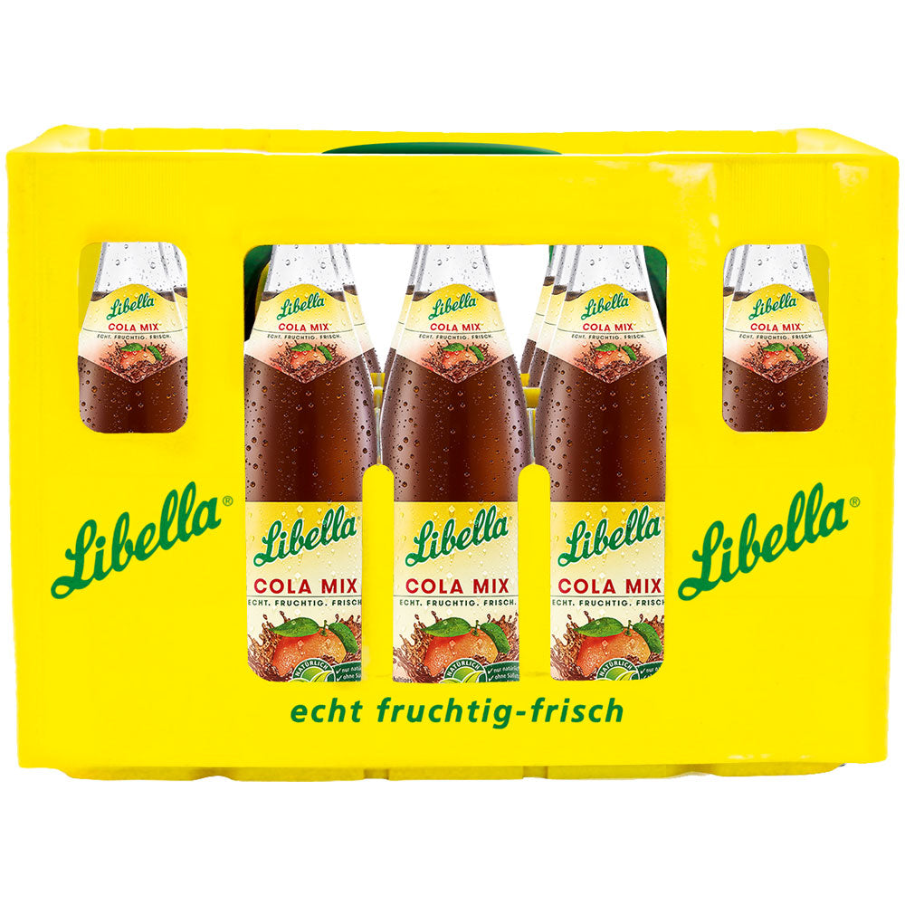 Libella Cola Mix 20x 0,5 Liter (MEHRWEG), das erfrischende Cola-Orangen-Mischgetränk in der gelben Pfandkiste mit grünem Libella-Logo.