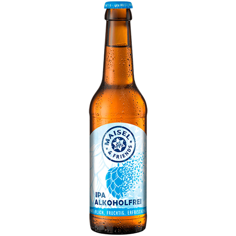 Eine Braunglasflasche Maisel & Friends Pale Ale Alkoholfrei 0,33L (Mehrweg), mit Wassertropfen, die auf dem Etikett glitzern.