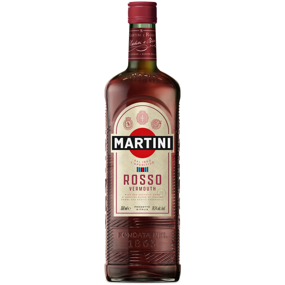 Eine Flasche Martini Rosso Vermouth, ein aromatischer Wermut und klassischer italienischer Aperitif von Martini, mit 14,4 % Vol. Alkoholgehalt und 0,75 Liter Inhalt.