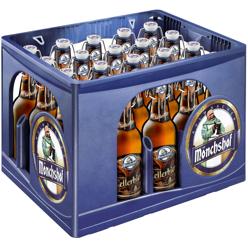 Eine blaue Kiste enthält 20 x 0,5 l Mönchshof Naturtrübes Kellerbier (Mehrweg), jede mit Bügelverschluss und detailliertem Etikett, das die fränkische Braukunst widerspiegelt.