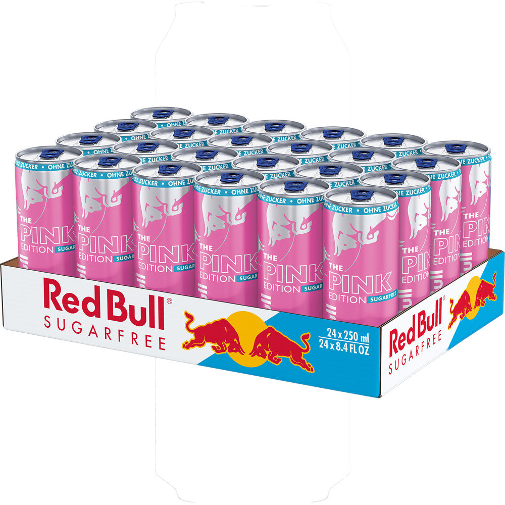 Ein 24er-Pack Red Bull Energy Drink Pink Edition Waldbeere Sugarfree (24x 0,25l) ist in einem gebrandeten Pappkarton übersichtlich angeordnet.