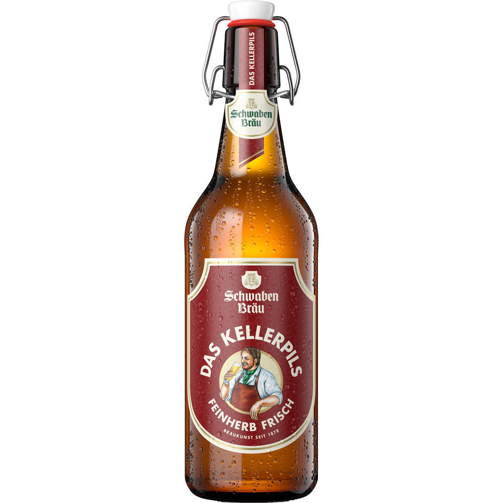 Eine braune Flasche Schwaben Bräu Kellerpils Bügel 0,5L (MEHRWEG) mit einem roten Etikett und Bügelverschluss von Schwaben Bräu.