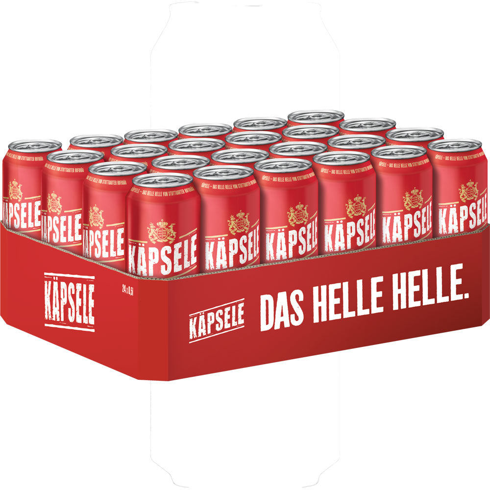 Ein 24er-Pack Stuttgarter Hofbräu Käpsele Helles Dose (je 0,5L, EINWEG) von Stuttgarter Hofbräu, das echte schwäbische Braukunst in einer markanten roten Schachtel mit der Aufschrift DAS HELLE HELLE unterstreicht.