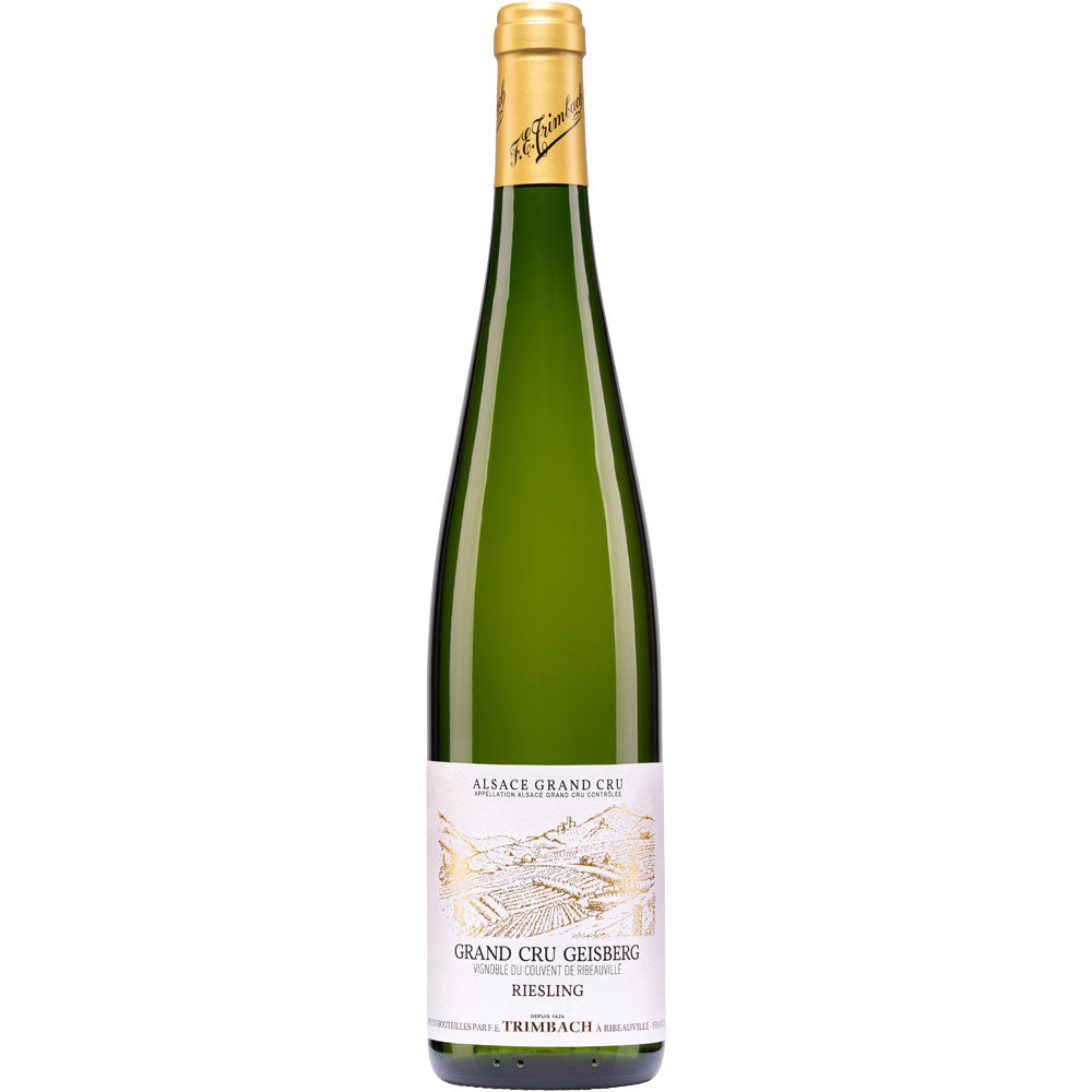 Eine Flasche F.E. Trimbach Riesling Grand Cru Geisberg AOC Alsace 2019 mit Goldfolie und weißem Etikett.