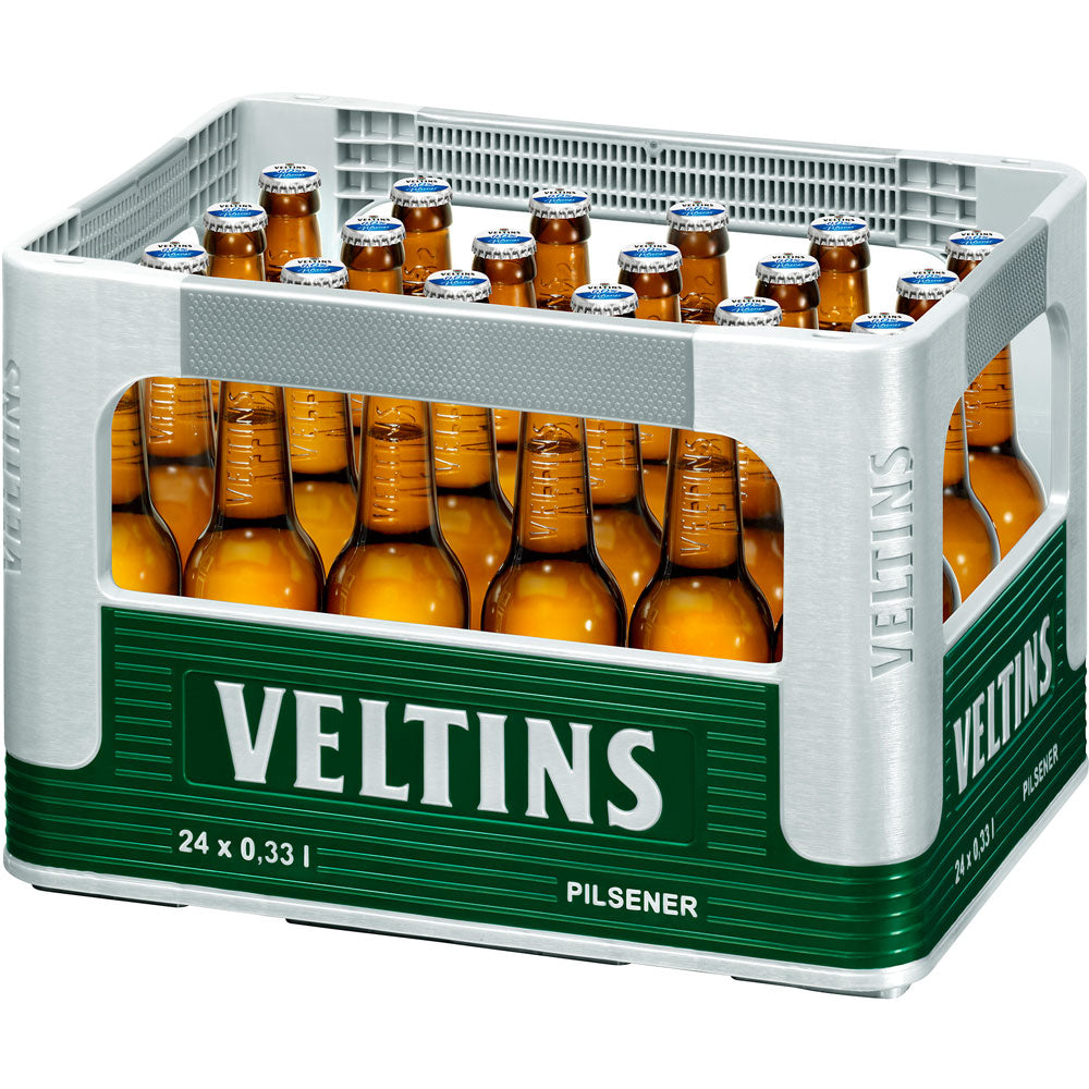 Eine Kiste mit 24 Flaschen Veltins Pilsener Alkoholfrei 0,0% 0,33L (MEHRWEG) von Veltins.