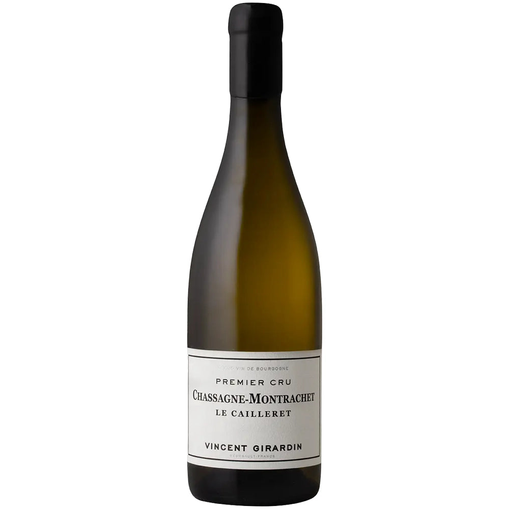 Eine Flasche Vincent Girardin Chassagne-Montrachet 1er Cru Le Cailleret AOC 2022 vor weißem Hintergrund.