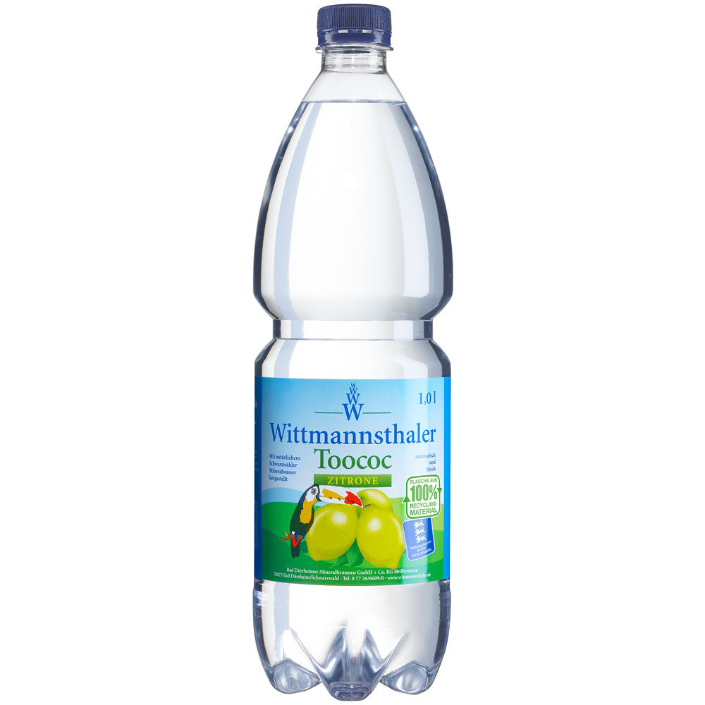 Die 1-Liter-Flasche Wittmannsthaler Toococ Zitrone PET (9x1L, EINWEG): Ein erfrischender Durstlöscher der Marke Wittmannsthaler mit spritzigem Zitronengeschmack und Schwarzwald Mineralwasser.