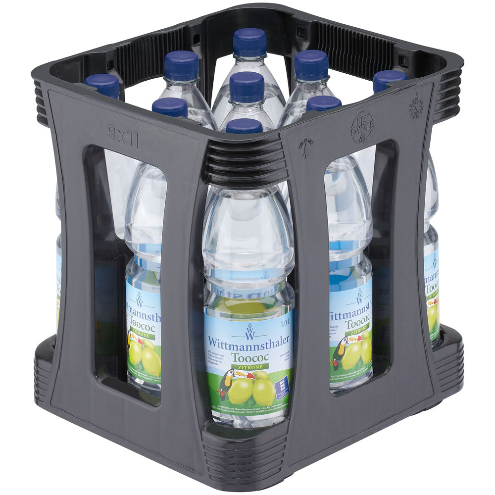 Eine Kunststoffkiste mit neun 1-Liter-Flaschen Wittmannsthaler Toococ Zitrone - das erfrischende Sprudelwasser von Wittmannsthaler.