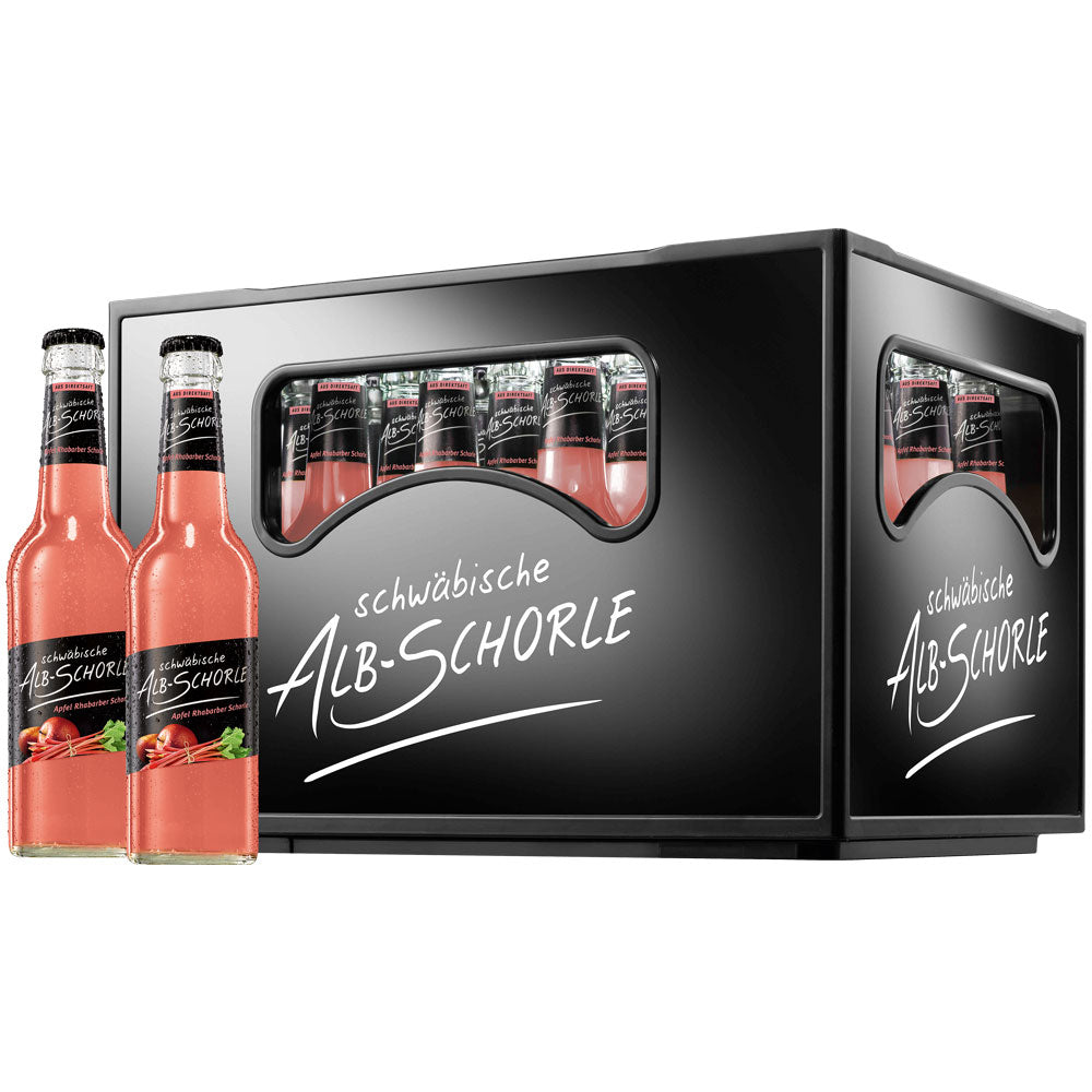 Zwei Flaschen und eine Kiste Zwiefalter Alb-Schorle Apfel-Rhabarber, ein spritziges Apfel-Rhabarber-Getränk von Zwiefalter Klosterbräu (24x 0,33L MEHRWEG).