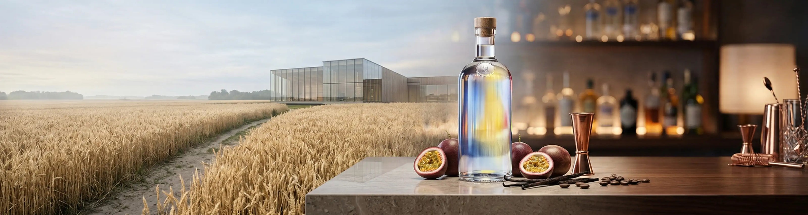 Ein filmisches Ultra-Weitwinkel-Panoramafoto, das eine harmonische, zusammenhängende visuelle Erzählung rund um Absolut Vodka schafft.