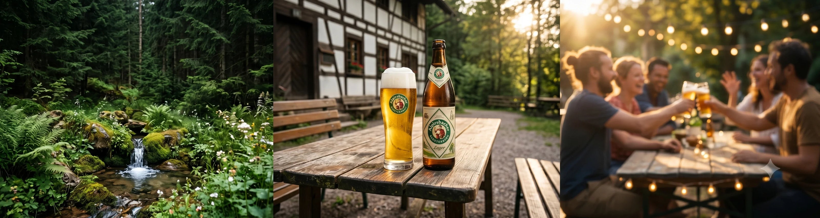 Ein filmisches Panoramafoto, das den harmonischen Lebensstil der traditionellen Schwarzwälder Braukunst und fröhliche Sommerabende mit Alpirsbacher Klosterbräu einfängt.