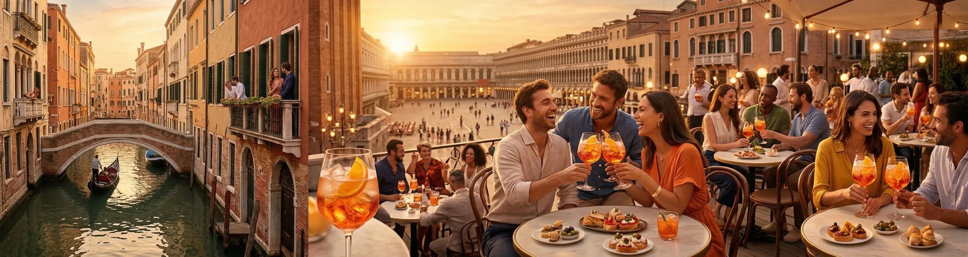 Ein filmisches, ultrabreites Panoramafoto, das die ganze Essenz der Region Venetien und den pulsierenden „Dolce Vita“-Lebensstil rund um Aperol einfängt.