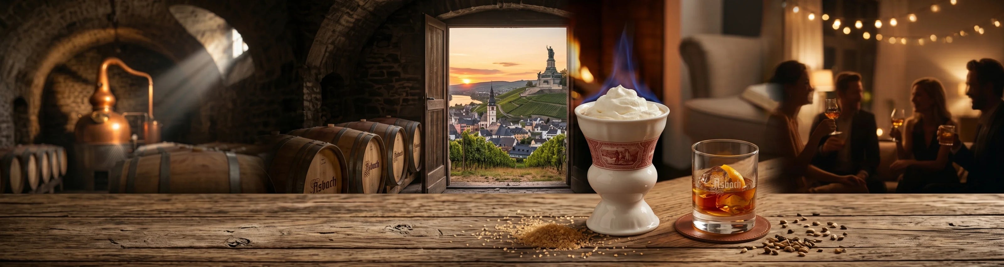  Ein filmisches Ultra-Weitwinkel-Panoramafoto, das die emotionale Geschichte der Tradition des deutschen Weinbrands „Asbach“ erzählt.
