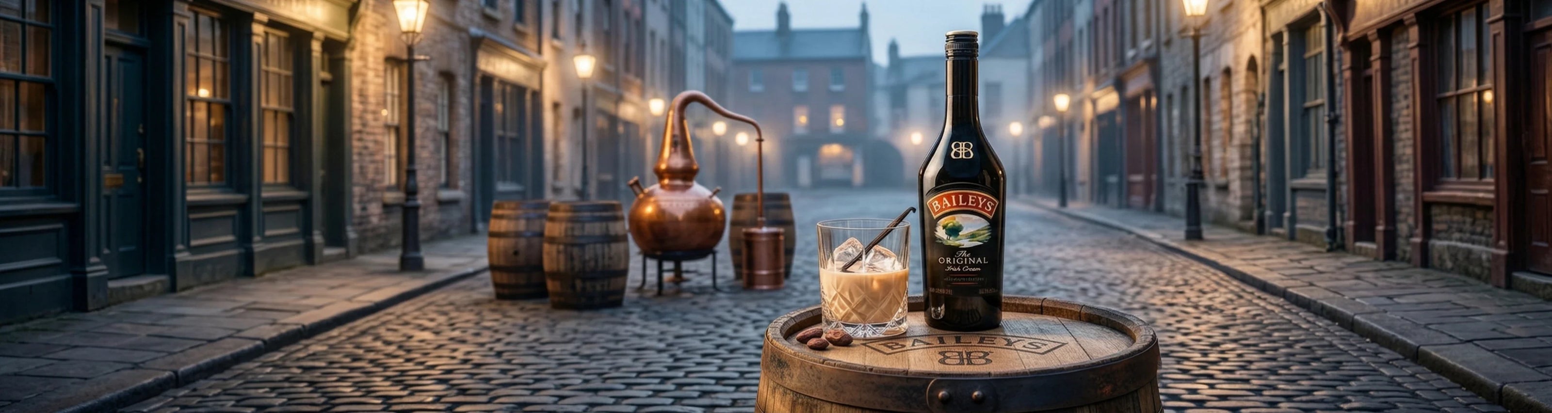 Ein minimalistisches und prägnantes Ultraweitwinkel-Panoramafoto für ein Baileys-Banner, das sich auf das Originalprodukt und dessen Dubliner Tradition konzentriert.