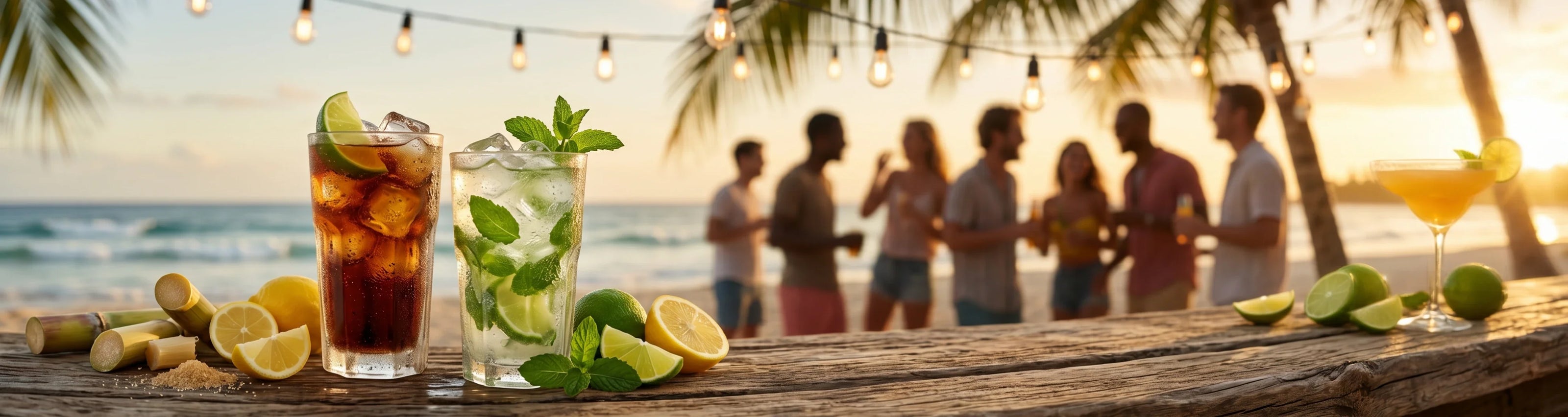 Ein filmisches Panoramafoto im Ultra-Weitwinkelformat, das den ultimativen Sommer-Lifestyle und die karibische Wärme einfängt.