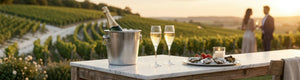 Ein Panorama-Lifestyle-Foto im Ultraweitwinkelformat, das eine einzige, harmonische Szene auf einer luxuriösen Gartenterrasse zur goldenen Stunde einfängt, mit Blick auf eine atemberaubende Weinberglandschaft in der Champagne.