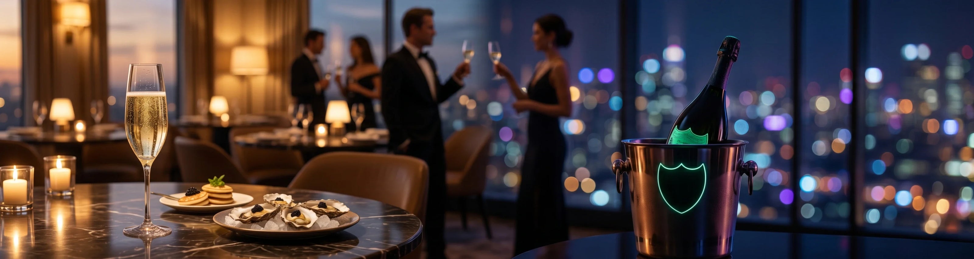 Ein filmisches Panoramafoto , das den ultimativen High-End-Champagner-Lifestyle rund um Dom Pérignon einfängt von zeitloser Eleganz bis hin zum exklusiven modernen Nachtleben.