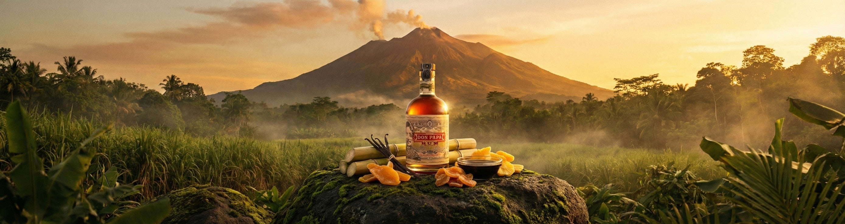 Ein beeindruckendes, filmisches Ultra-Wide-Bannerfoto, das die mystische Essenz von „Sugarlandia“ am Fuße des aktiven Vulkans Kanlaon auf den Philippinen einfängt.