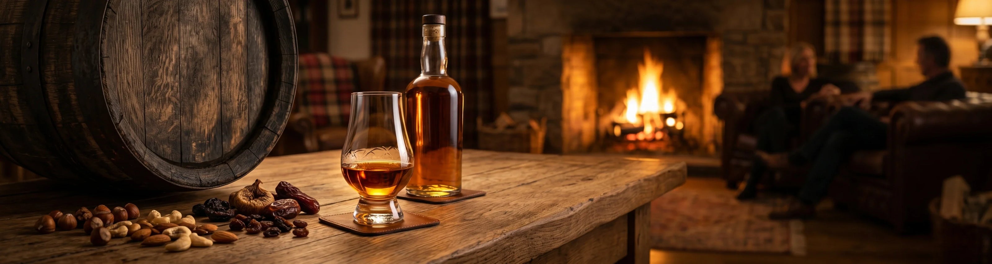 Ein filmisches Ultraweitwinkel-Panoramafoto, das den gefühlvollen und traditionellen Lebensstil des Highland-Single-Malt-Whiskys einfängt.