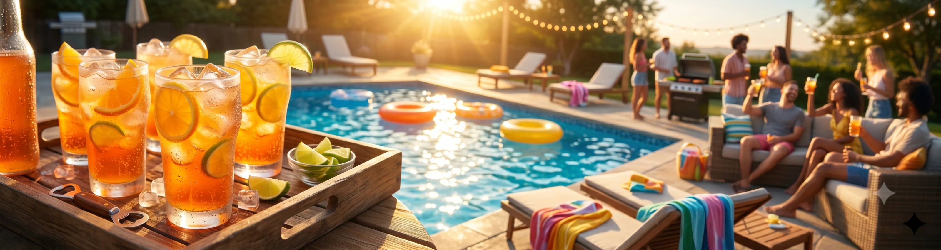 Ein filmisches Panoramafoto, das den lebhaften, unbeschwerten und erfrischenden Lebensstil einer rauschenden Sommerparty mit Fanta als Erfrischung einfängt.