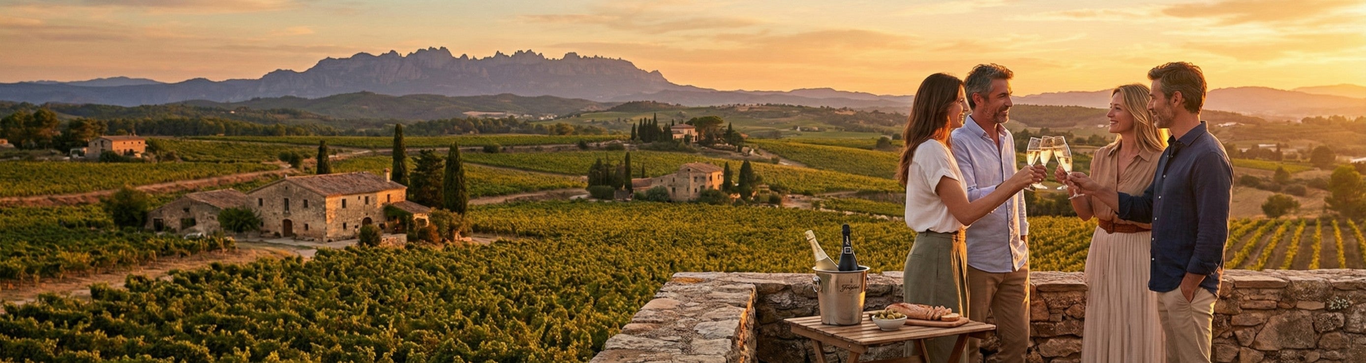 Ein weitläufiges, filmisches Ultra-Weitwinkel-Landschaftsfoto, das die Essenz des mediterranen Lebensstils bei Sonnenuntergang in der Weinregion Penedès in Katalonien, Spanien, einfängt.