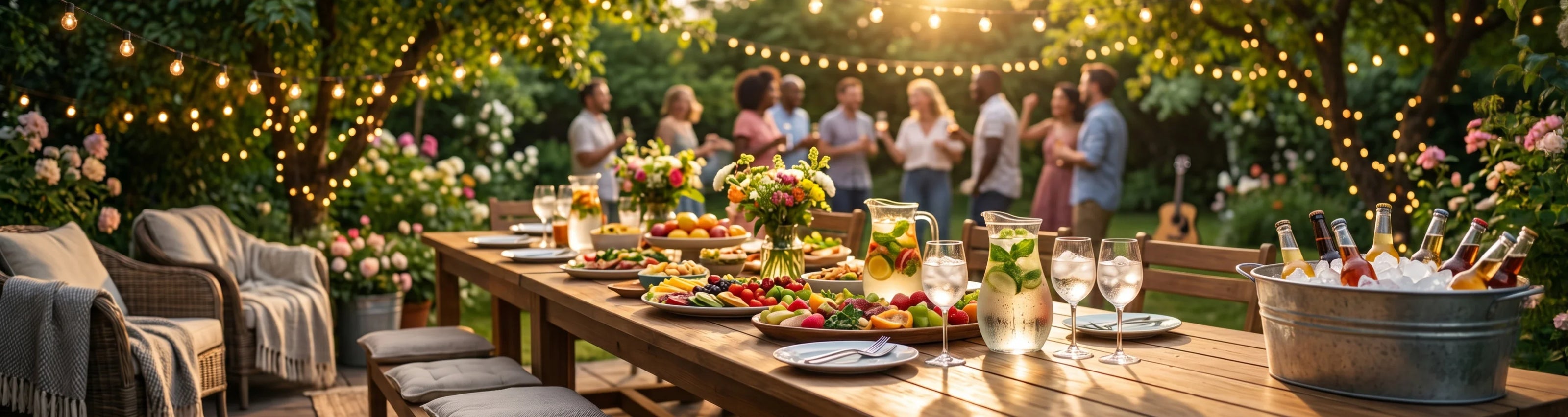 Ein filmisches Ultraweitwinkel-Panoramafoto, das den Kern einer idyllischen, lauen Sommergartenparty in der goldenen Stunde einfängt.