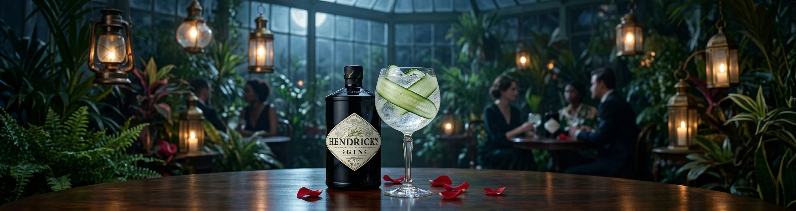 Ein filmisches Ultraweitwinkel-Panoramafoto, das den raffinierten und auf reizvolle Weise „ungewöhnlichen“ Lebensstil von Hendrick’s Gin einfängt.