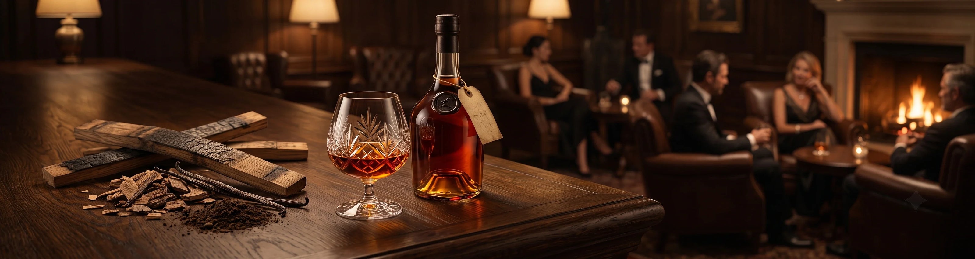 Filmisch anmutendes, ultrabreites Panoramafoto, das den luxuriösen und zeitlosen Lebensstil beim Genuss von erstklassigem französischem Cognac einfängt.