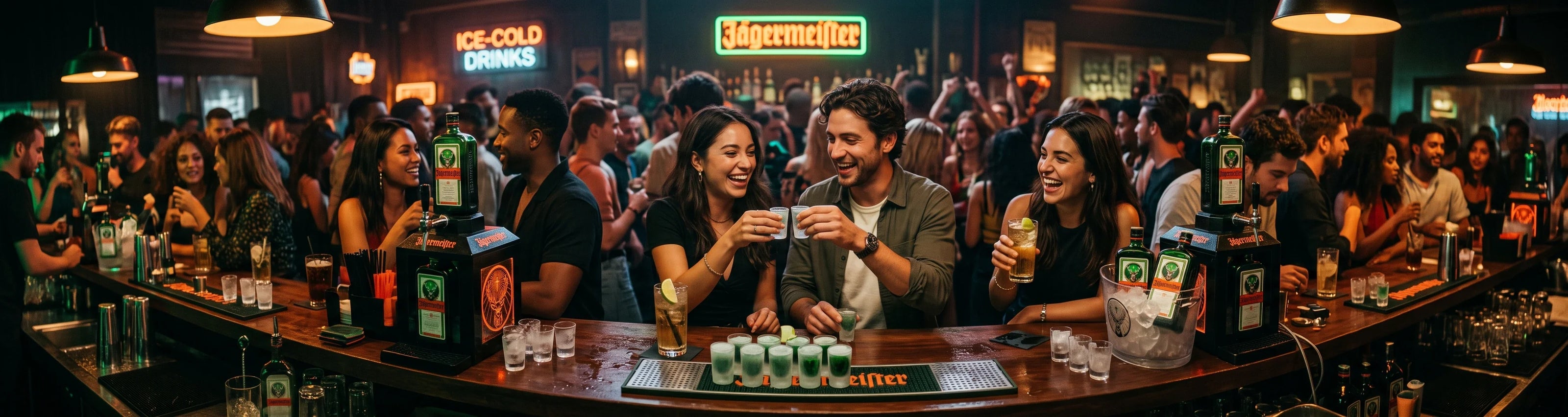 Ein Ultraweitwinkel-Panoramafoto, das den pulsierenden, energiegeladenen Lebensstil eines unvergesslichen Abends mit Freunden einfängt, die eiskalte Jägermeister-Kräutershots und Longdrinks genießen.