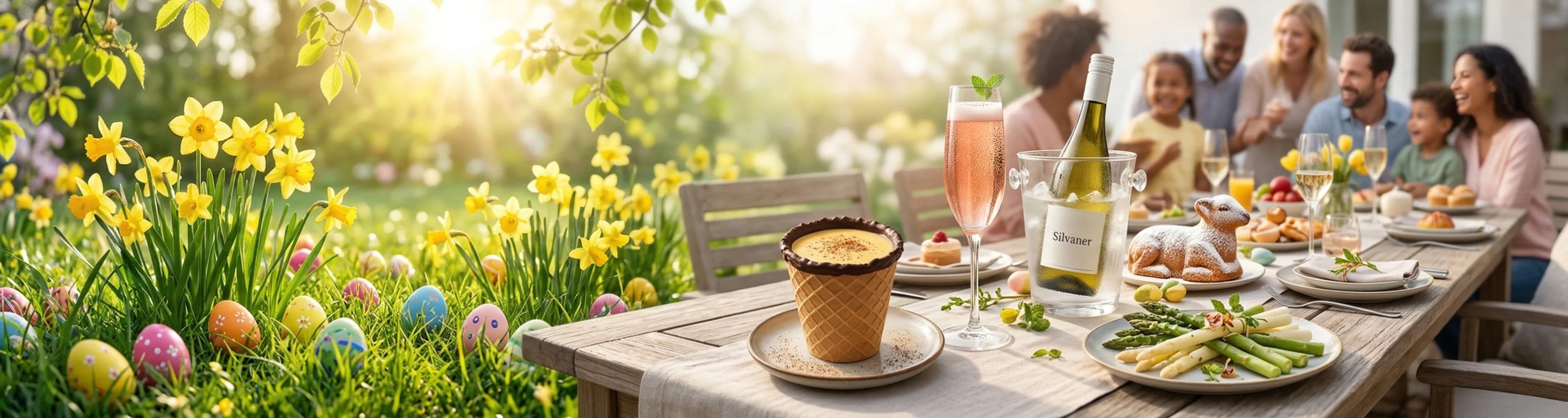 Ein filmisches Ultraweitwinkel-Panoramafoto, das die lebhafte Frühlingsstimmung eines festlichen Osterbrunchs im Jahr 2026 einfängt.