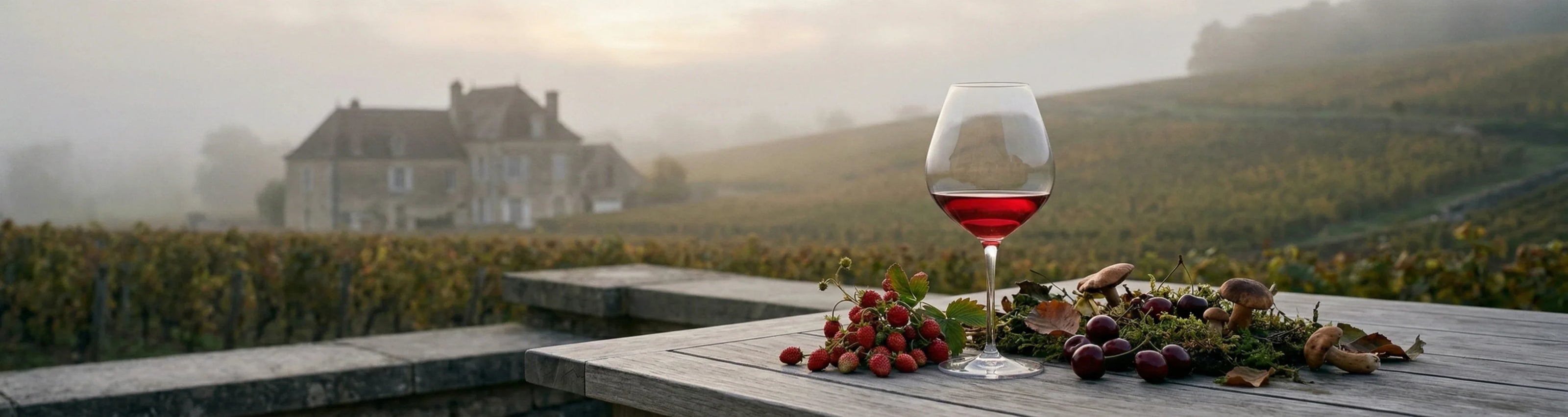 Ein weitläufiges, filmisches Ultra-Wide-Bannerfoto, das die raffinierte und ruhige Eleganz des Pinot Noir-Lifestyles einfängt.