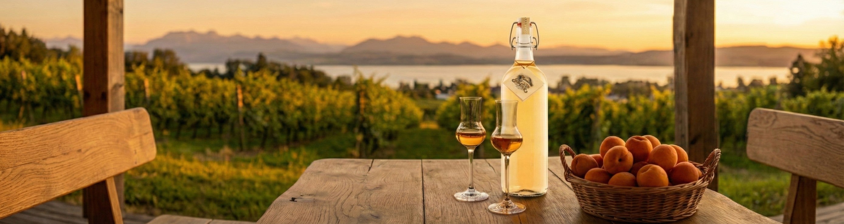 Ein weitläufiges, filmisches Bannerfoto, das die Seele Vorarlbergs einfängt. Die Szene spielt auf einer Holzterrasse mit Blick auf die Obstgärten von Hörbranz, im Hintergrund schimmert der Bodensee und die Alpen.