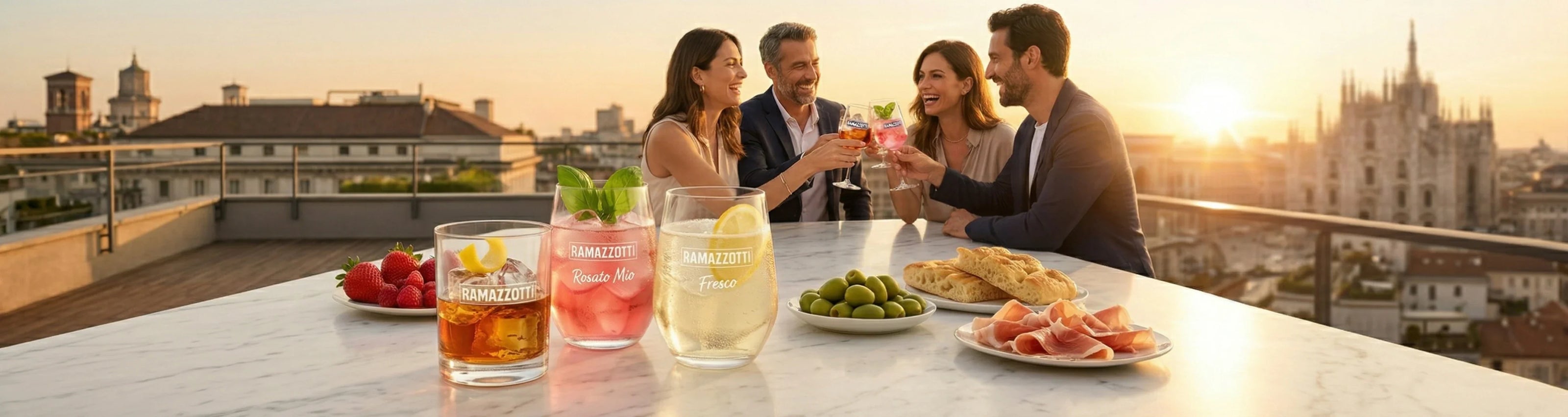 Ein filmisches, ultrabreites Panorama-Lifestyle-Foto, das einen nahtlosen und harmonischen „Aperitivo“-Moment auf einer schicken, sonnenverwöhnten Mailänder Dachterrasse bei Sonnenuntergang einfängt.