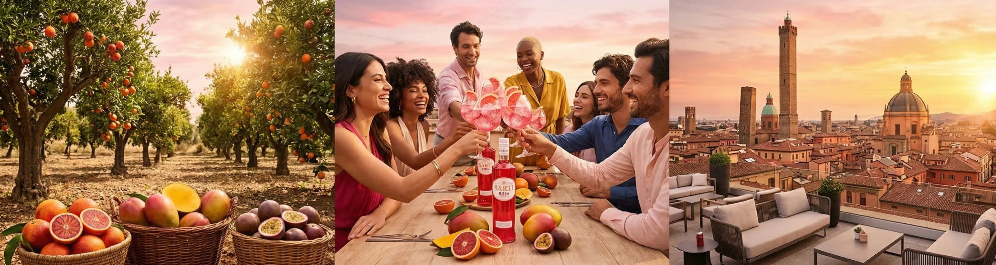 Eine Orangenplantage, Freunde, die an einem Tisch im Freien auf einen Drink anstoßen, und eine Stadtlandschaft mit Kuppeln und Türmen bei Sonnenuntergang.