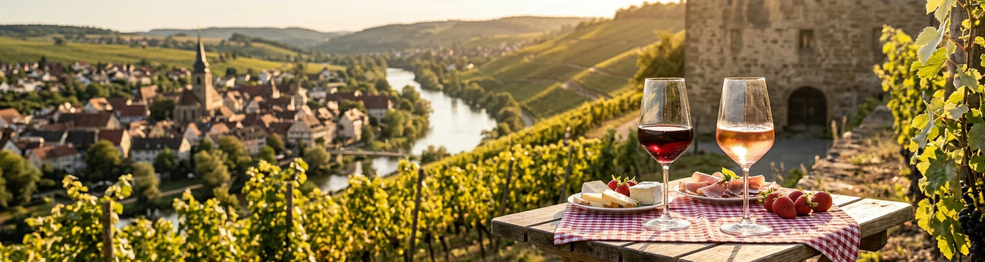 Ein Panorama-Lifestyle-Foto im Ultraweitwinkelformat, das einen harmonischen, ungestörten Spätnachmittag in einem malerischen Weinberg mit Terrassenanlage in Württemberg einfängt.